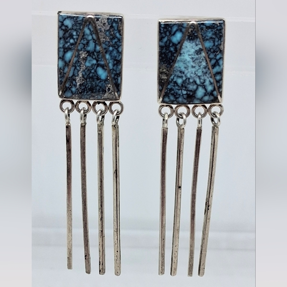 * Vintage Unsigned Stone Inlay Silver Tone Clip On Dangle Earrings